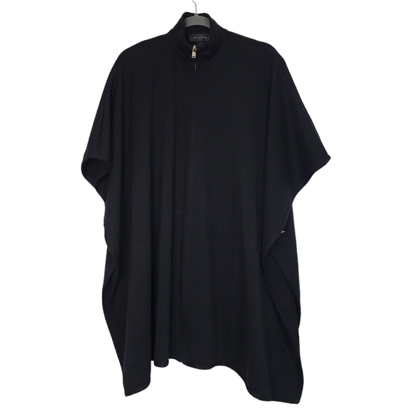 St John Black Wool Poncho Knit cape Minimalist Lagenlook Neutral Luxury luxe - Picture 1 of 15